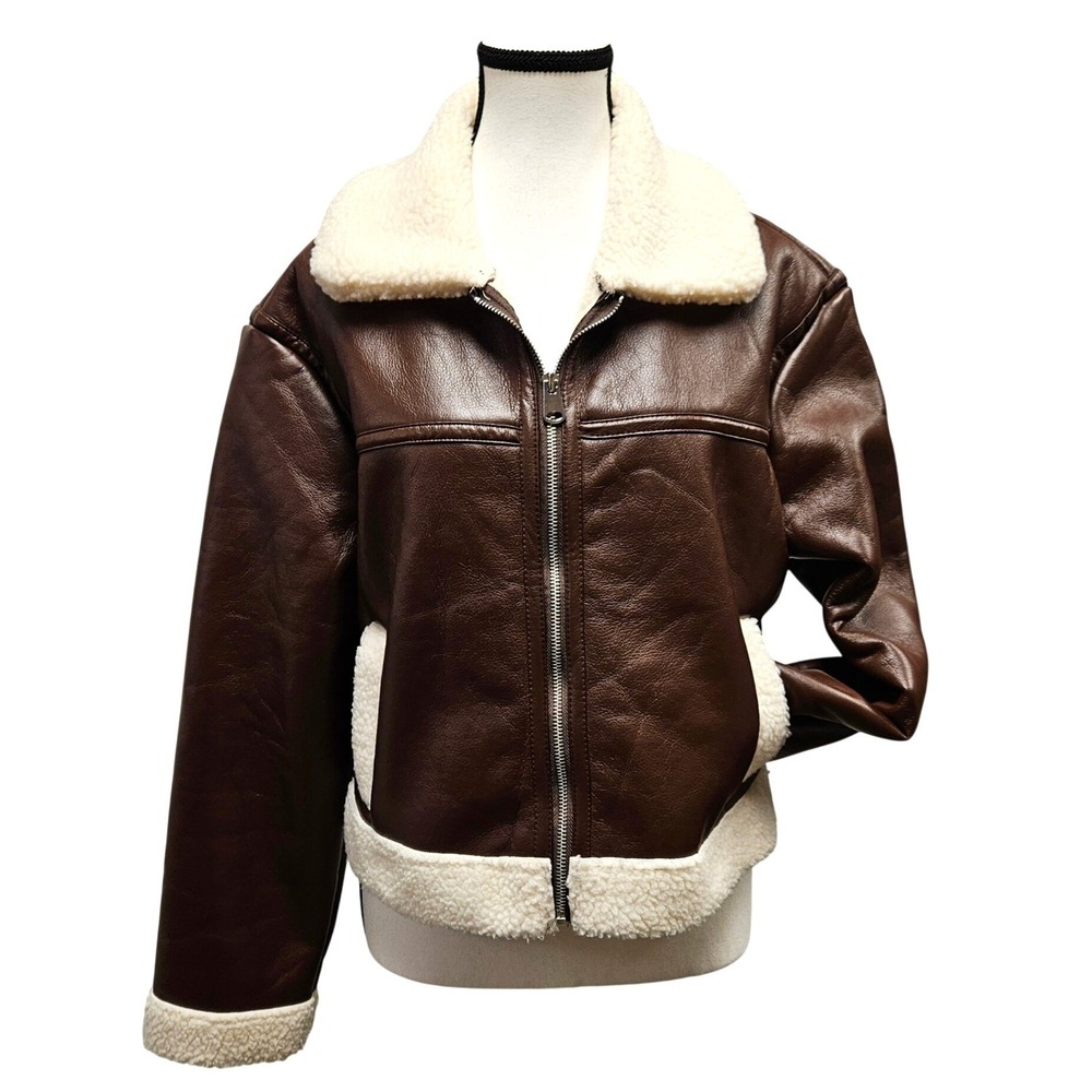 New Look Aviator Jacket Womens L Brown Faux Leather Shearling B3 Cropped Cozy